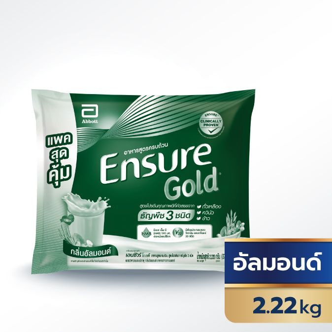 เอนชัวร์ โกลด์ สูตรโปรตีนธัญพืช 3 ชนิด กลิ่นอัลมอนด์ แบบถุงเติม ขนาด 2.2 กก. (370 กรัม x6)